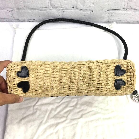 Brighton Cottagecore Cream Woven Straw Black Leather Braided Handle Baguette - Picture 9 of 16